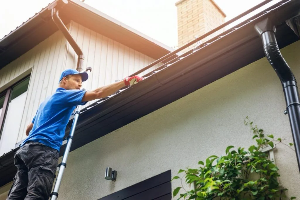 Roofer stripping a rusted cast-iron gutter from a timber fascia on a Cork terrace roofline