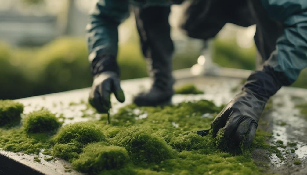 Gentle moss removal on a tiled roof: hand scraping the bulk growth before the low-pressure biocide soft-wash is applied