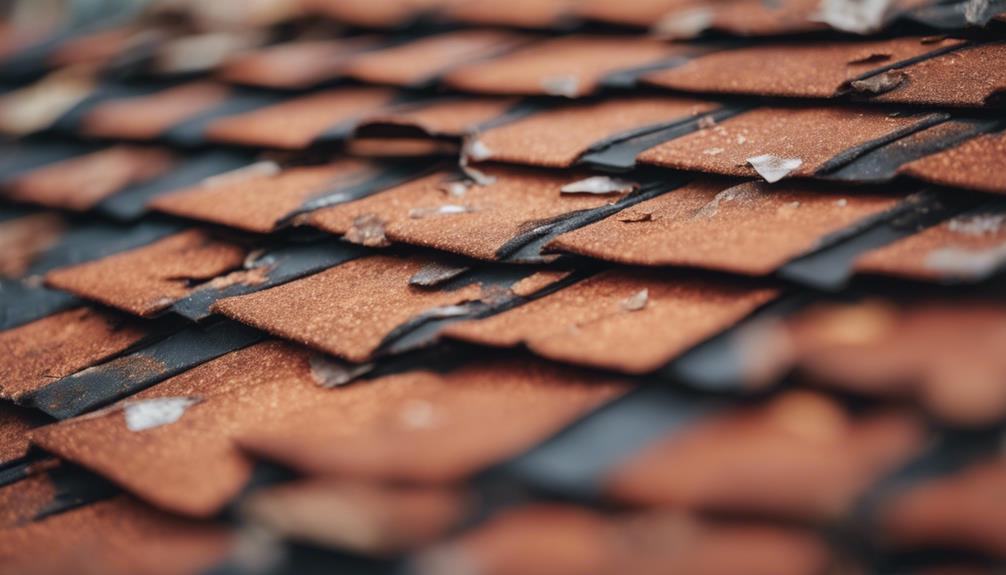 Close-up of wear on a decade-old concrete tile roof: crumbling ridge mortar and curling felt laps at the eaves