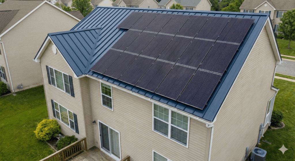 solar panel in the roof of a traditional house